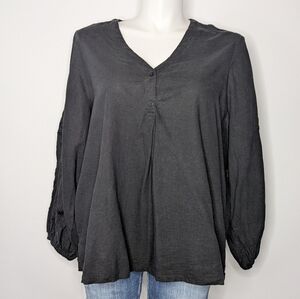 M&S Black Embroidered Puff Sleeve Linen Blend V Neck Top 24